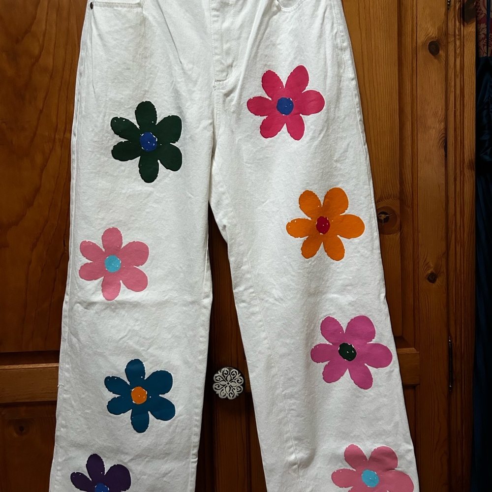 White Pants with Colorful Flower Design